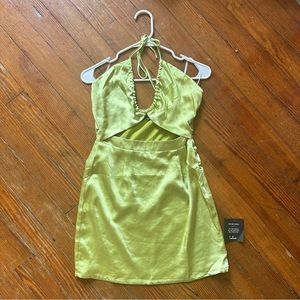 lulu’s lime green satin halter mini dress